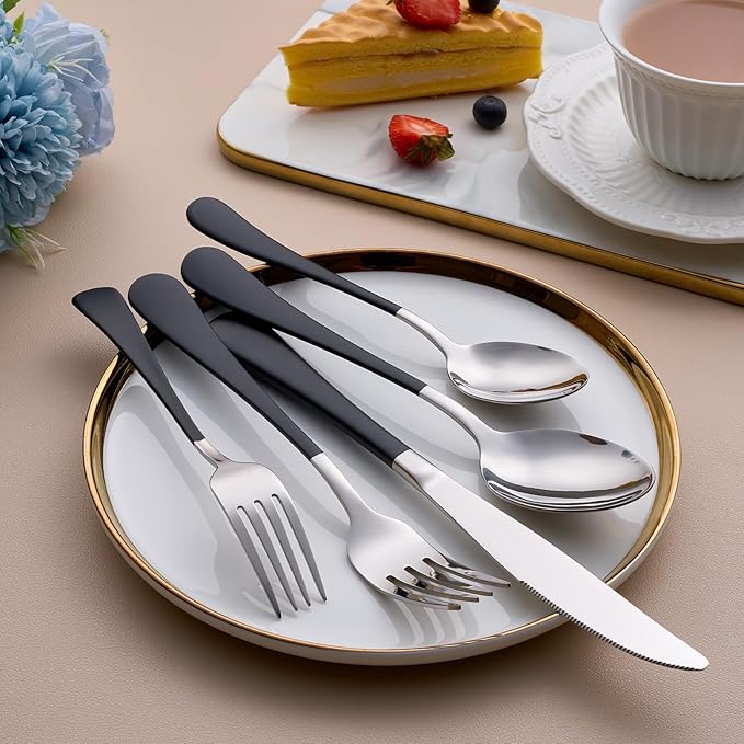 20-Piece Black Silverware Set for 4, 18/0 Stainless Steel Flatware Cutlery Utensils Set, Include Dinner Knives,Dinner Forks,Dinner Spoons,Salad Forks,Teaspoons, Elegant Gift，Dishwasher Safe