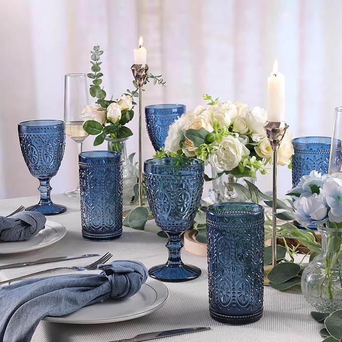 Blue Drinking Highball Beverage Glass Cup, Vintage Drinking Glasses, Colored Glassware Set for Party Wedding, Home, Office, Water, Juice, Cocktail, Highball Glasses Set of 4