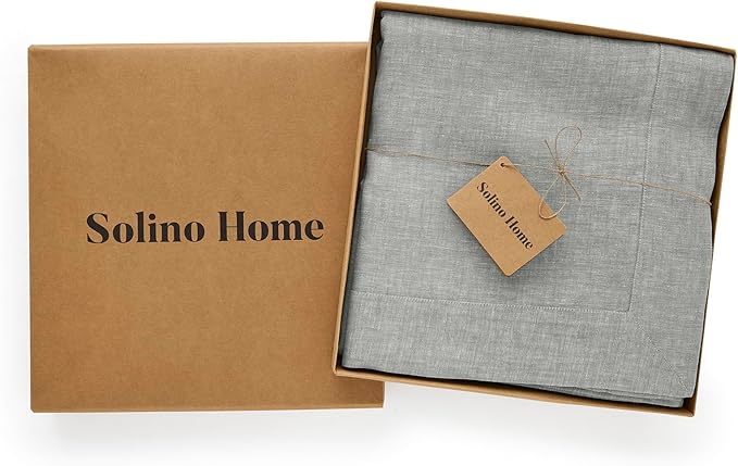 Solino Home Linen Tablecloth 60 x 108 Inch - 100% Pure Linen Chambray Grey Table Cloth for Rectangle Tables - Athena, Machine Washable Fabric Tablecloth