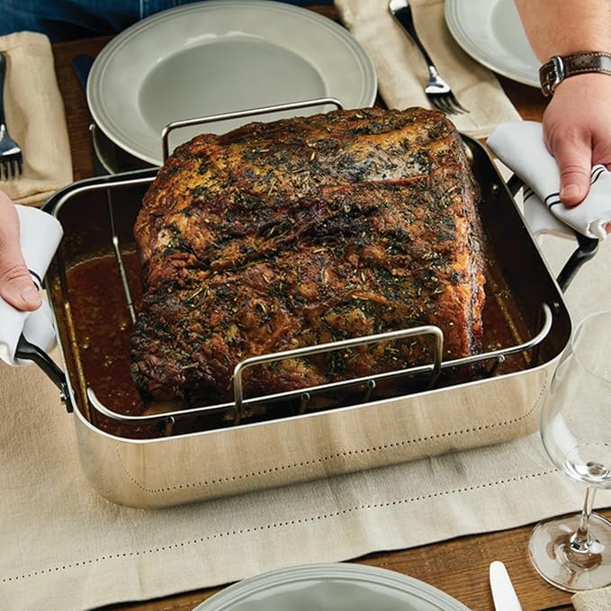 KitchenAid 5-Ply Clad Stainless Steel Roasting Pan/Roaster with Removable Rack, 15 Inch x 11.5 Inch - Polished Stainless Steel