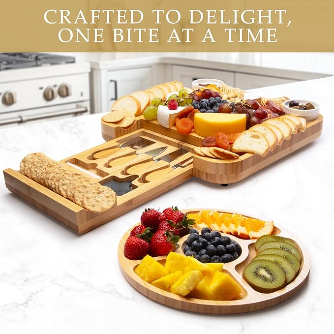 Zulay Kitchen Premium Bamboo Charcuterie Board - Extra Thick Bamboo Board with 4 Piece Knife Set - Perfect for Charcuterie, Wine and Cheese