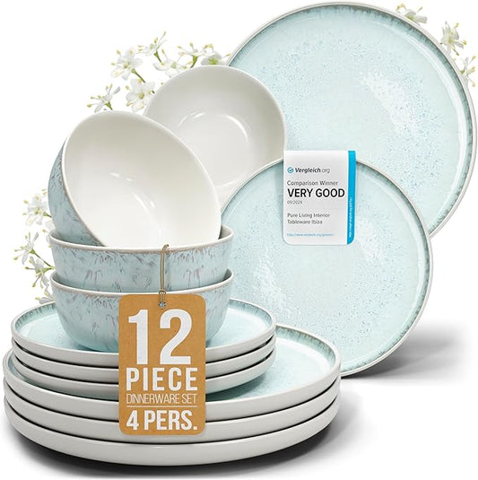 Stoneware dinnerware set 4 persons 12 pcs – Modern style plates and bowls set ceramic – Dishwasher, microwave and scratch resistant – Bowl and plate set – Dinner service Pure Living beige & light blue