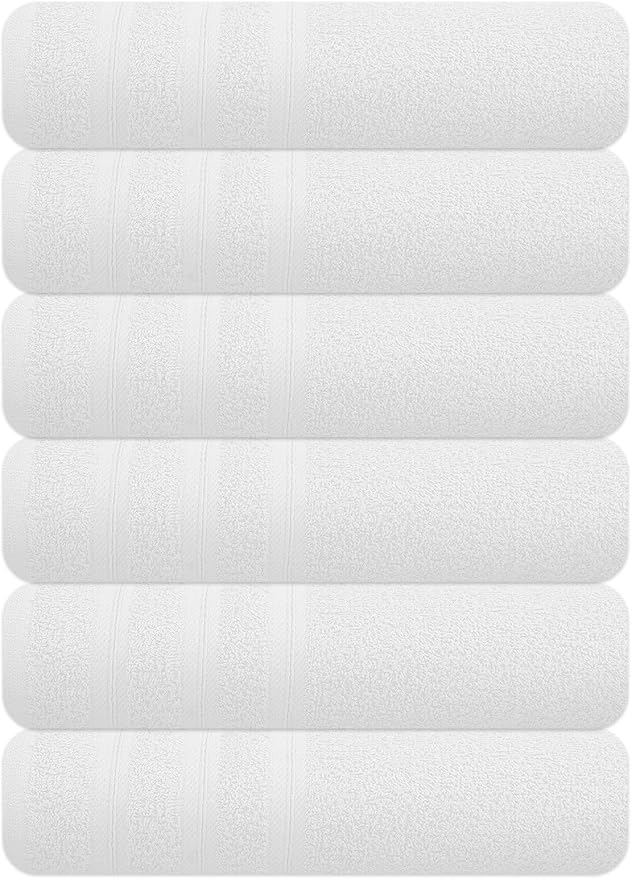 Large Bath Towels Set of 6 – 24" x 50" – 100% Cotton Terry – Durable, Soft & Quick Dry – White Multipurpose Towels for Bathroom, Gym, Spa, Pool & Daily Use