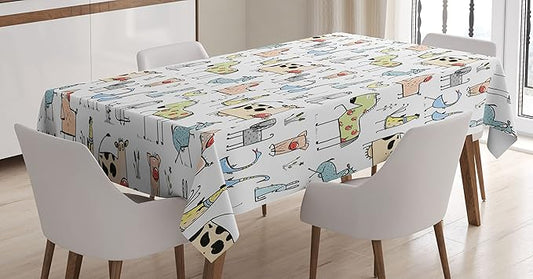 Ambesonne Animal Tablecloth, Cow Horse Pigs Chicken Sheep Farmhouse Mascots Cartoon Print, Rectangular Table Cover for Dining Room Kitchen Decor, 52" X 70", Multicolor