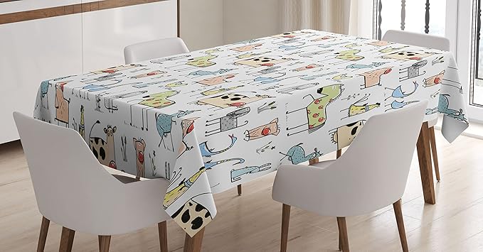 Ambesonne Animal Tablecloth, Cow Horse Pigs Chicken Sheep Farmhouse Mascots Cartoon Print, Rectangular Table Cover for Dining Room Kitchen Decor, 60" X 84", Multicolor