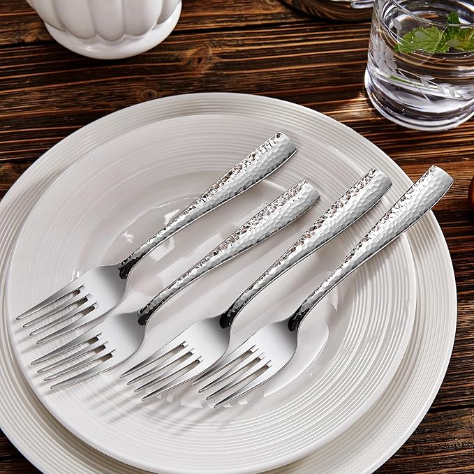 KEAWELL Premium 8-Piece 7.6 inch Louis Hammered Fork Set, 18/10 Stainless Steel, Squared Edge with Smooth Rounded Edges for Enhanced Comfort, Dishwasher Safe (8, 7.6" Salad Fork)