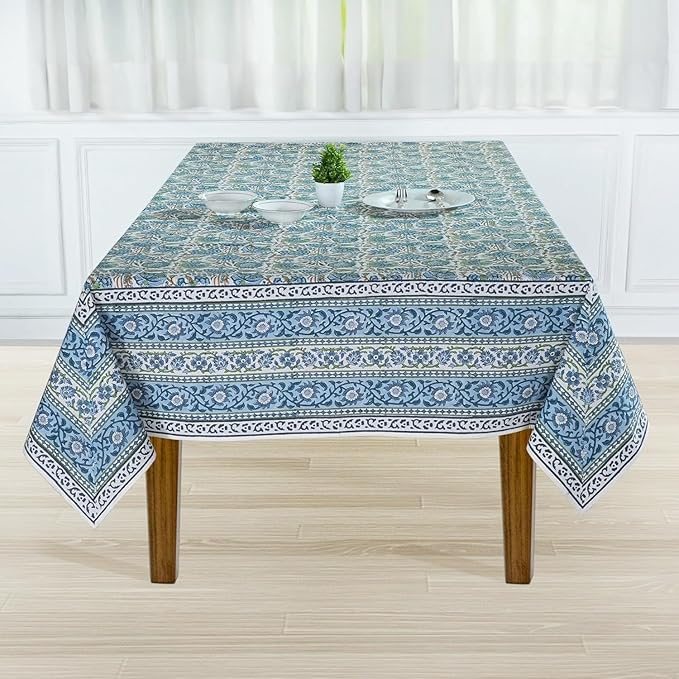 Ridhi Asparagus Green Hand Block Print Cotton Rectangle Tablecloth 102" x 48" inches Reusable Table Cover Decorative Everyday Use for Dining, Farmhouse, Home, Party, Festive, Wedding, Fall