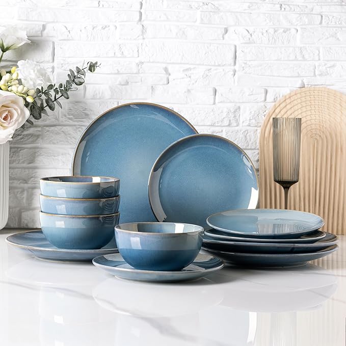 GBHOME Ceramic Dinnerware Sets for 6, 18 Pieces Stoneware Plates and Bowls Sets, Reactive Glaze Dishes -Scratch Resistant, Dishwasher&Microwave Safe-Alaskan Blue