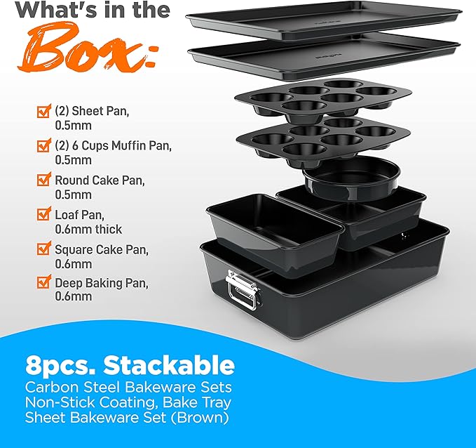 NutriChef 8-Piece Stackable Nonstick Bakeware Set - Premium Steel Baking Pans Set - Includes Round Cake Pan, 6-Cup Muffin Pans, Wide/Square Brownie & Loaf Pans, Cookie Sheet, & Roaster Pan (Black)