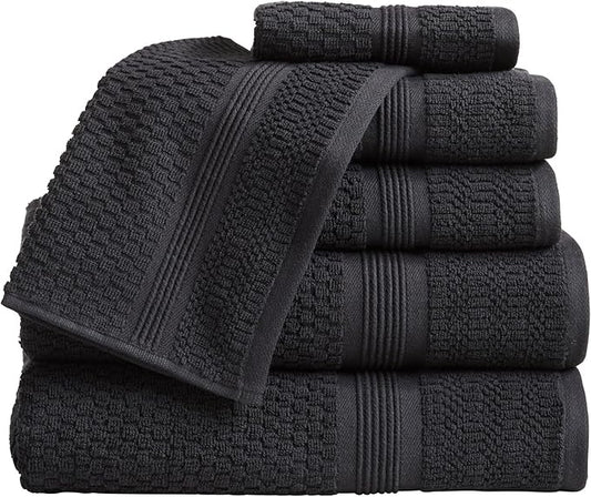 Zoey Collection 100% Cotton Waffle Textured 6 Piece Towel Set | Super Soft Quick Dry Bath & Hand Towels | Decorative for Bathroom | 2 Bath, 2 Hand, 2 Washcloths (Black)