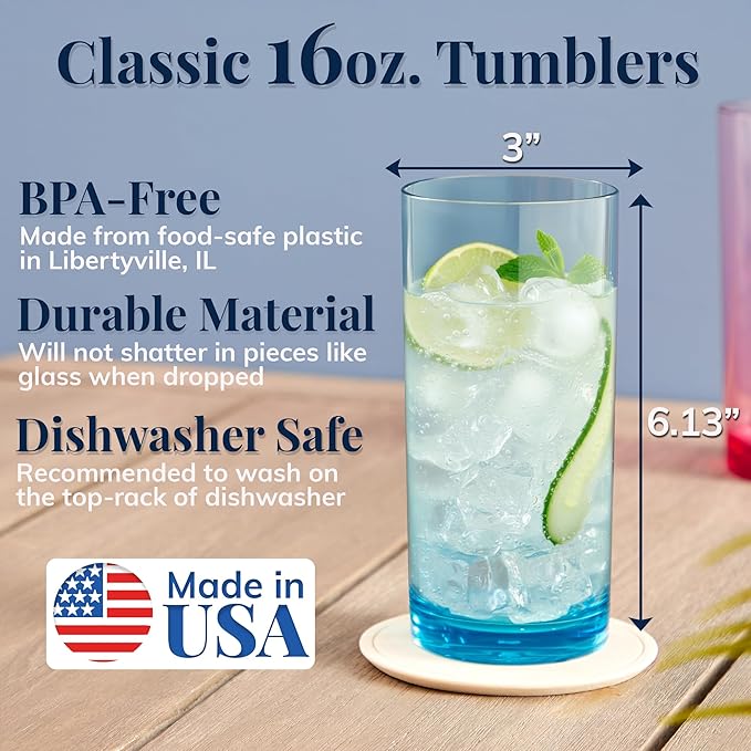 US Acrylic Classic Plastic Reusable Drinking Glasses (Set of 6) 16oz Water Cups Assorted Colors | BPA-Free Tumblers, Made in USA | Top-Rack Dishwasher Safe