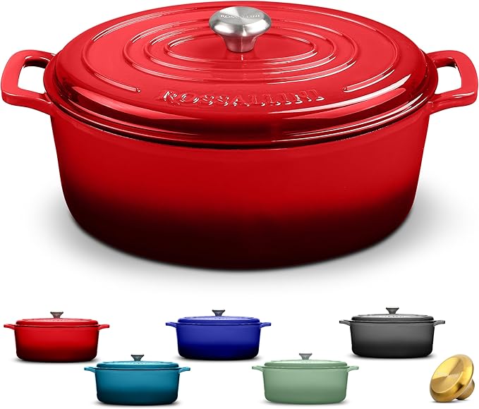 Signature Enameled Cast Iron Oval Dutch Oven | Non-Stick Serving Pot with Tight Fitting Lid for Perfect Roasting, Baking, Sauteing, and Bread Making | 15.5Q [Red]