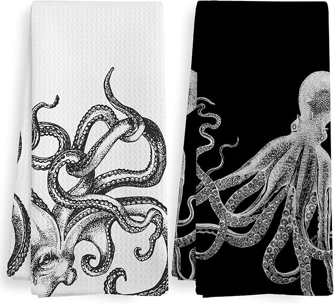 Coastal Octopus Decor Dish Hand Tea Towels for Bathroom Kitchen, Octopus Ocean Nautical Beachy Bathroom Decor, Black and White Coastal Nautical Kitchen Towels and Dishcloths Sets of 2,16x24In