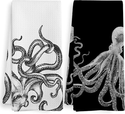 Coastal Octopus Decor Dish Hand Tea Towels for Bathroom Kitchen, Octopus Ocean Nautical Beachy Bathroom Decor, Black and White Coastal Nautical Kitchen Towels and Dishcloths Sets of 2,16x24In