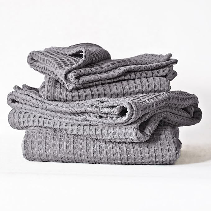 4-Piece Waffle Towels Set for Bathroom - Soft 100% Turkish Cotton Quick-Dry Lint-Free Waffle Weave Thin Bath and Hand Towels (Gray, 2 Bath & 2 Hand Towel Set)