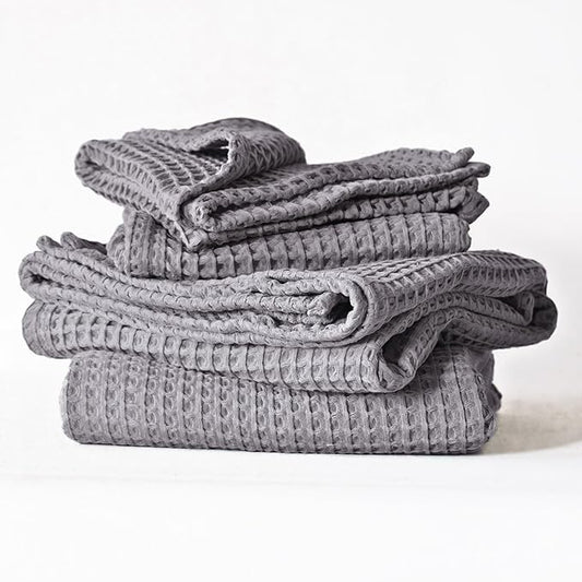4-Piece Waffle Towels Set for Bathroom - Soft 100% Turkish Cotton Quick-Dry Lint-Free Waffle Weave Thin Bath and Hand Towels (Gray, 2 Bath & 2 Hand Towel Set)