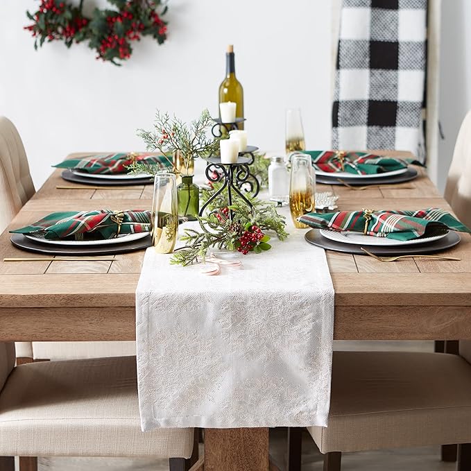 DII Holiday Dining Table Linen Sparkle Metallic Kitchen Décor, Table Runner, 14x108, Jacquard Snowflakes