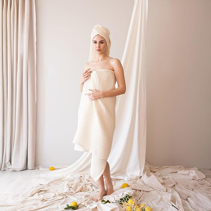 2-Piece Waffle Towels Set for Bathroom Natural Undyed - Soft 100% Turkish Cotton Quick-Dry Lint-Free Waffle Weave Thin Bath and Hand Towels (Natural, Set of 2 Mix Towels)