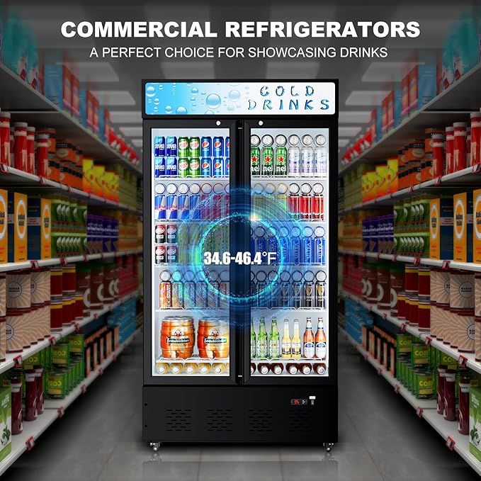 Commercial Glass Door Display Refrigerator 30 cu.ft Cooler Commercial Beverage Refrigerators with LED Light and 10 Shelves for Cafe, Restaurant, Store, Bar
