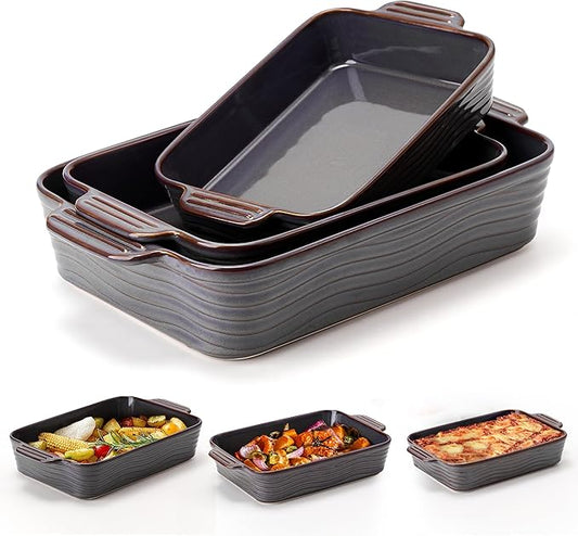 Ceramic Baking Dish Set of 3, Casserole Dishes for Oven, Square Porcelain Bakeware Set with Handles, Lasagna Baking Pan for Cooking, Perfect for Baking and Serving, Housewarming, Halloween, Thanksgiving, Christmas, New Year- Kiln-Transformed Purple