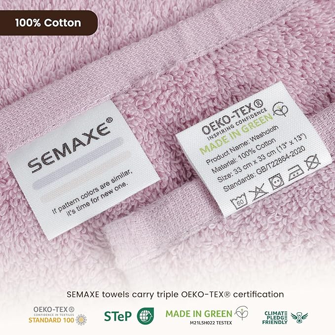 SEMAXE 100% Cotton Washcloths for Bathroom - 24 Pack, Quick-Dry Face Towels with Hanging Loop, Highly Absorbent and Soft, 13x13 Inch, Purple