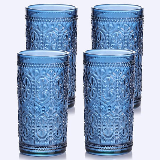 Blue Drinking Highball Beverage Glass Cup, Vintage Drinking Glasses, Colored Glassware Set for Party Wedding, Home, Office, Water, Juice, Cocktail, Highball Glasses Set of 4