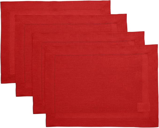 Solino Home Linen Placemats Set of 4 - Classic Hemstitch Red Placemats 14 x 19 Inch - 100% Pure Linen Table Mats for Holiday