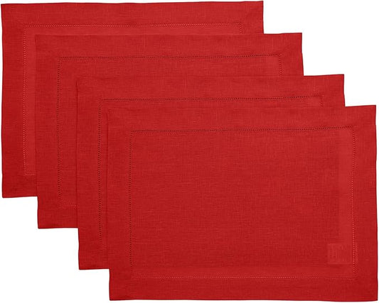 Solino Home Linen Placemats Set of 4 - Classic Hemstitch Red Placemats 14 x 19 Inch - 100% Pure Linen Table Mats for Holiday