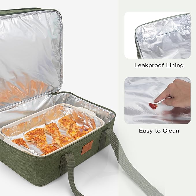 Fun Elements Casserole Carrier, Expandable Insulated Casserole Carriers for Hot or Cold Food, Thermal Lasagna Lugger Tote for Potluck/Parties/Picnic/Cookouts, Fits 9"×13" Baking Dish, Green