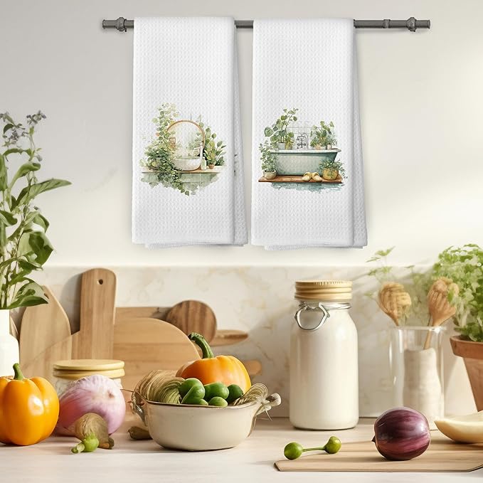 Botanical Bathroom Towels Set of 2, Sage Green Eucalyptus Bathroom Cottagecore Hand Towel, Flower Bathtub Shower Room Washroom Rest Room Decorative Tea Towel Dish Towels 16x25 Inch