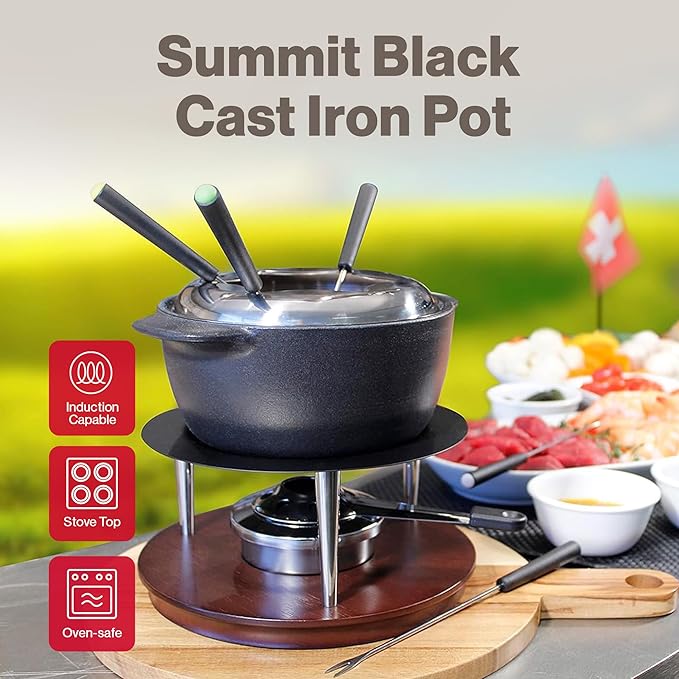 Swissmar Summit 10-Piece Matte Black Cast Iron Fondue Set - Ideal for Melting Cheese, Chocolate, Butter, & More - Perfect for Kitchen Collection & Wedding Gift Giving - 1Liter / 1.05 Quart