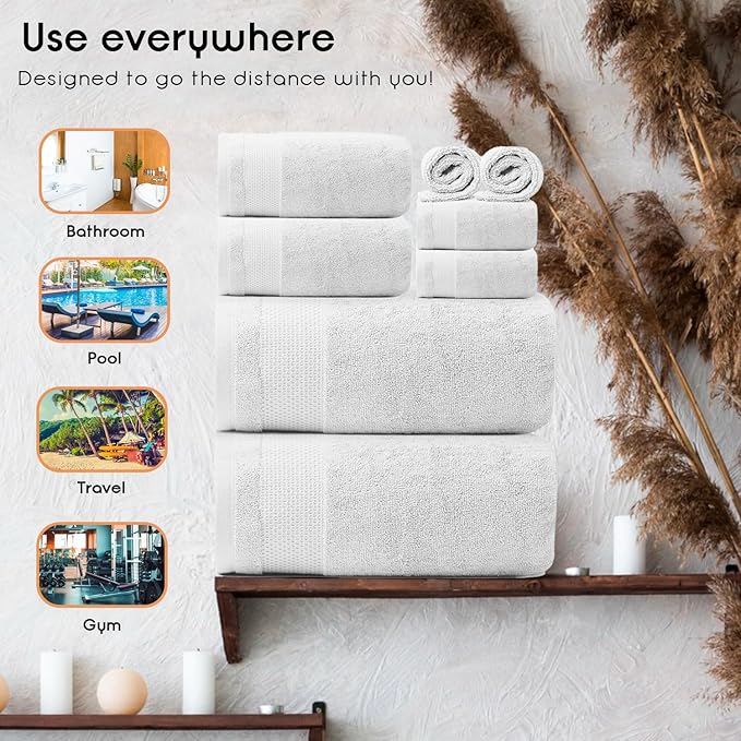 Ariv Premium Bath Towels Pack of 8, 100% Cotton, 2 Large Bath Towels, 2 Hand Towels, 4 Washcloths, Super Soft, Highly Absorbent, Quick Dry, Durable, Great Value, Perfect for Home & Bathroom - White