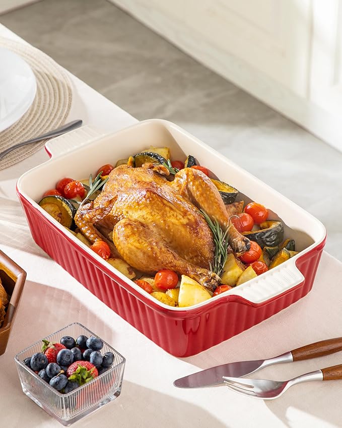 MALACASA 4.4 QT Baking Dish, 9x13 Large Casserole Dish for Oven, Ceramic Baking Pan, Rectangular Lasagna Pan Deep with Handles for Baking, Durable Microwave Oven Safe, Red, Series BAKE-BAKE