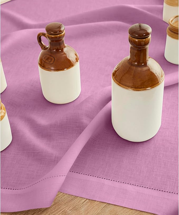 Solino Home Linen Violet Table Runner 90 Inches Long - 100% Pure Linen Hemstitch 14 x 90 Inch Table Runner for Dining, Valentines - Classic Hemstitch