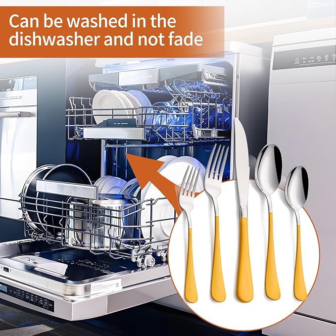 20 Piece Yellow 18/0 Flatware Utensil Set for 4, Include Dinner Knife,Dinner Forks,Dinner Spoons,Salad Forks,Teaspoons,Silverware Set for 4, Dishwasher Safe