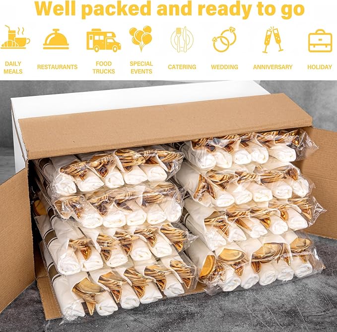SUT 100 Pack Pre Rolled Silverware Set Disposable, 400pcs Gold Plastic Utensils Include 100 Forks, 100 Knives, 100 Spoons and 100 Napkins, Wrapped Plastic Cutlery Set With Napkin for Wedding