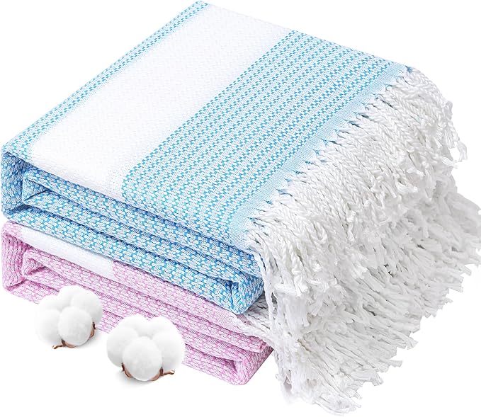 Genovega 2 Packs Oversized Turkish Beach Towels 74"x38" Thin Quick Dry Sand Free Pool Swim Bathing Towel Extra Large Blanket Adult Travel Essentials Accessories Summer Vacation Blue Purple Dot