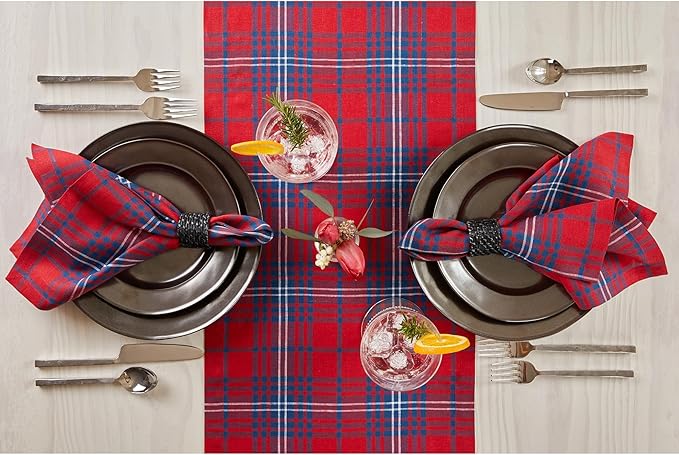 Solino Home Linen Tartan Plaid Table Runner 48 Inches - 100% Pure Linen Red and Navy Short Table Runner 14 x 48 Inch Ideal for Dresser and Coffee Tables