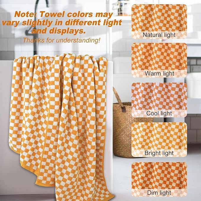 Jacquotha Orange Shower Towels for Bathroom Set of 2, Cotton Bath Towel Drying Body Hand Face Luxury 480 GSM Medium Thickness (Checkered), Fall Decor