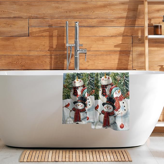 Imiss Snowman Hand Towels for Bathroom 2pc Set Winter Snowflake Pine Tree Forest Bath Guest Towel Funny Fingertip Decorative Towel for Xmas Seasonal Kitchen Gym Spa