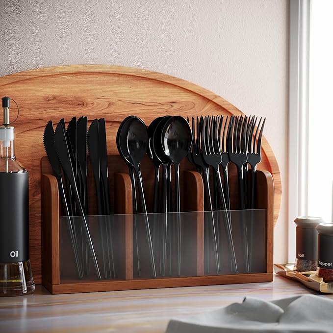 Trendables Black Plastic Forks and Spoons Disposable Silverware Set 120 Pack Plastic Utensils Set Includes 3 x 40 each Knives & Soup Spoons & Black Forks Disposable Cutlery For Parties and Events