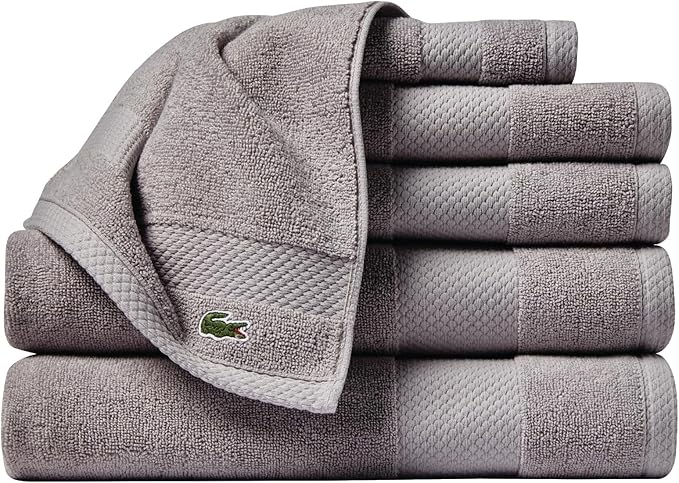 Lacoste Heritage Supima Cotton 6-Piece Towel Set, 2 Bath Towels, 2 Hand Towels, 2 Washcloths, Meteorite – Highly Absorbent & Quick Drying, Bathroom Essential, Machine Washable