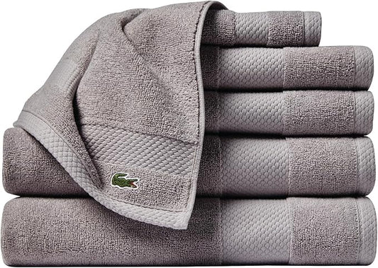 Lacoste Heritage Supima Cotton 6-Piece Towel Set, 2 Bath Towels, 2 Hand Towels, 2 Washcloths, Meteorite – Highly Absorbent & Quick Drying, Bathroom Essential, Machine Washable