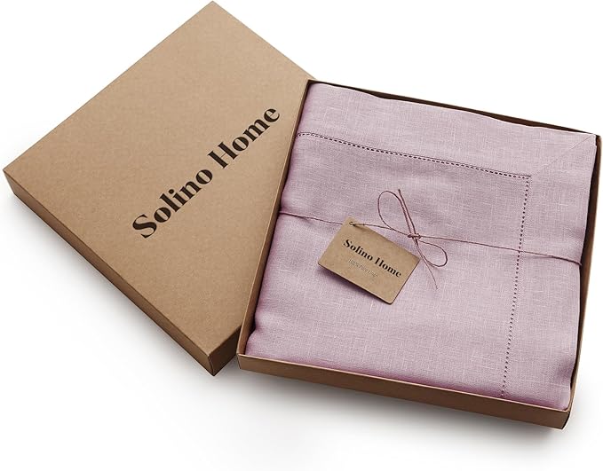 Solino Home Lilac Linen Tablecloth 60 x 120 Inch - 100% Pure Linen Hemstitch Table Cloth for Rectangle Tables - Classic Hemstitch, Machine Washable Tablecloth for Valentines, New Year