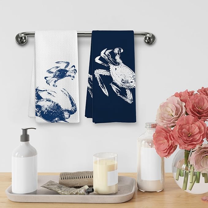 Coastal Crab Beach Decor Dish Hand Tea Towels for Bathroom Kitchen, Blue Crab Ocean Nautical Beachy Bathroom Decor, Coastal Nautical Kitchen Towels and Dishcloths Sets of 2, 16x24 Inches