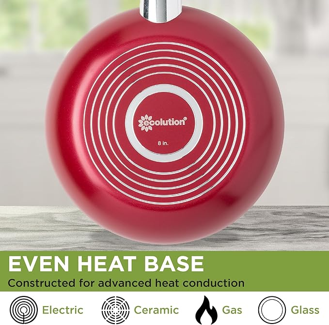 Ecolution Easy Clean Ceramic Nonstick Cookware Set, Dishwasher Safe Kitchen Pots and Pans Set, Comfort Grip Handle, Even Heating, Ultimate Food Release, 26-Piece, Red