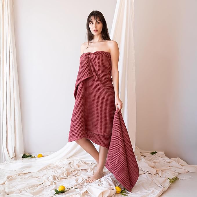 4-Piece Waffle Towels Set for Bathroom - Soft 100% Turkish Cotton Quick-Dry Lint-Free Waffle Weave Thin Bath and Hand Towels (Dark Red, 2 Bath & 2 Hand Towel Set)