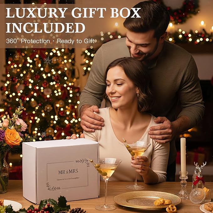 Mr and Mrs Coupe Glasses Set – Martini Glasses for Couples with Gift Box, Christmas Gifts for Couples, Wedding & Engagement Gifts, Bridal Shower Gift for Bride