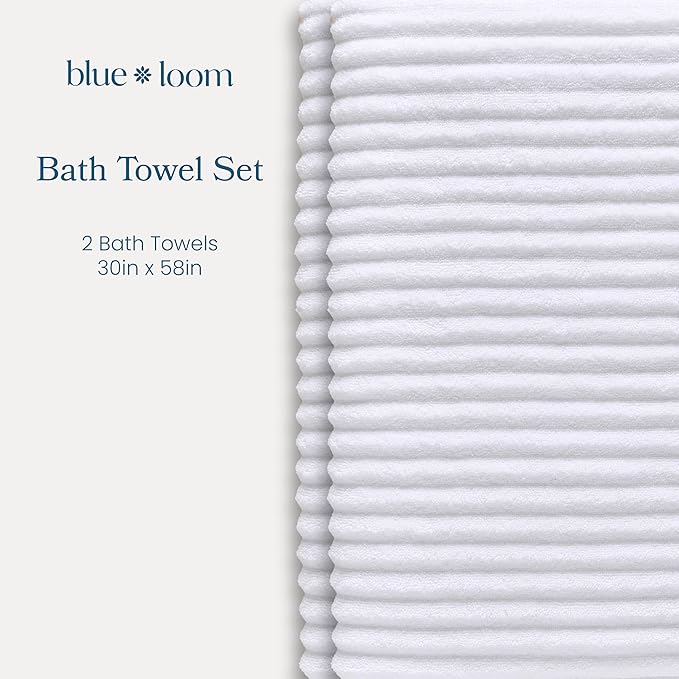Blue Loom Ribbed Bath Towels Set, 100% Cotton 600 GSM, Soft Absorbent Durable Quick Drying 2 Bath Towels for Bathroom - Mason Set of 2 White (58" x 30" Inch)