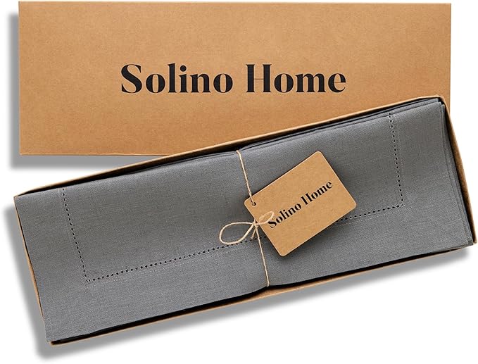 Solino Home Linen Cloth Placemats Set of 4-100% Pure Linen Hemstitch Steel Gray Placemats 14 x 19 Inch - Classic Hemstitch Table Place Mats